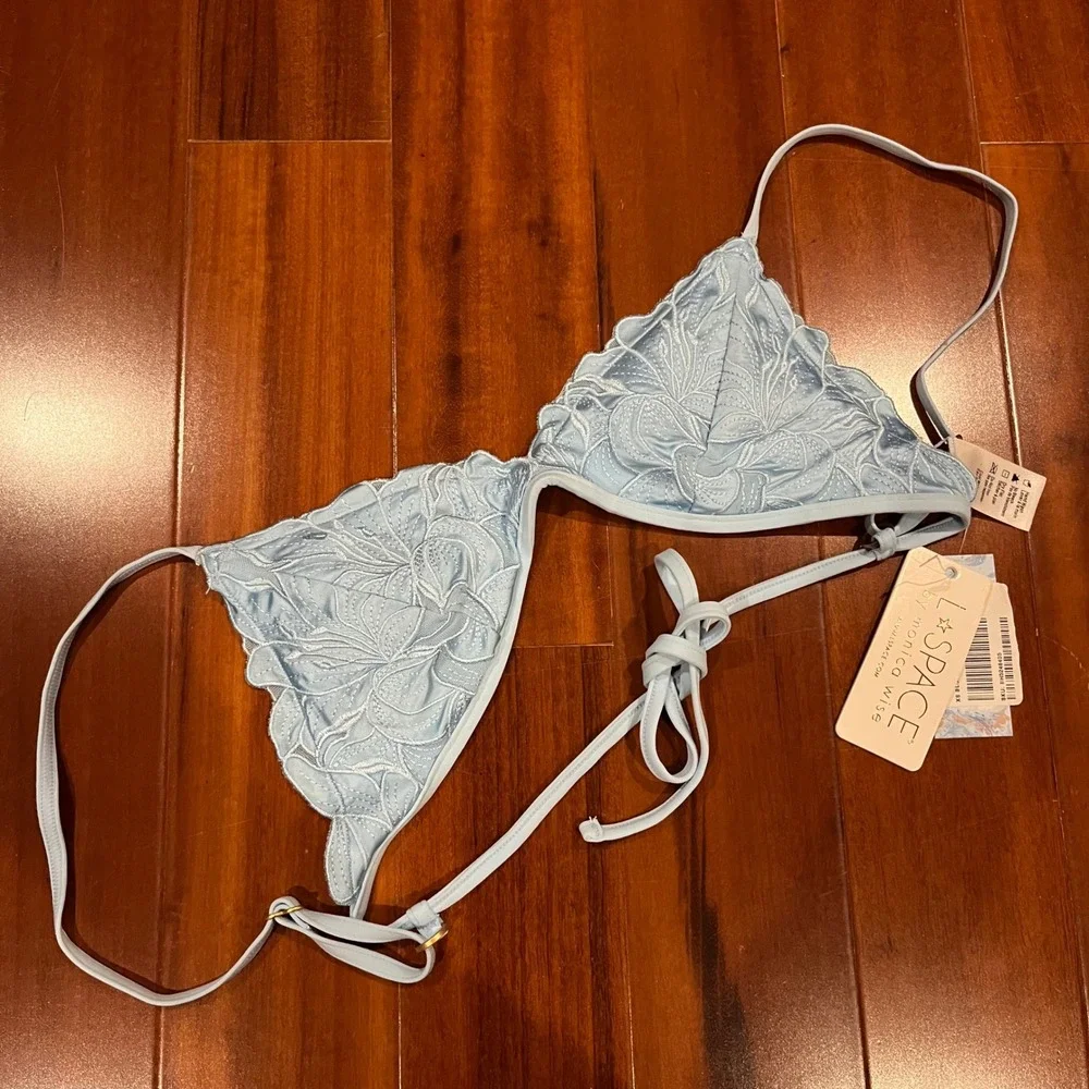LSpace Blue Bikini Top Floral Triangle Light Lace Monica Wise Swim New Size XS